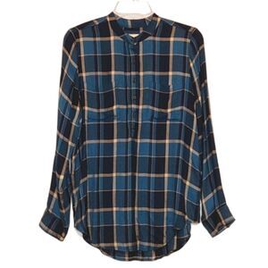 Lucky Brand Plaid Modal Blend Button Front Top Blue Beige Check LS Classic